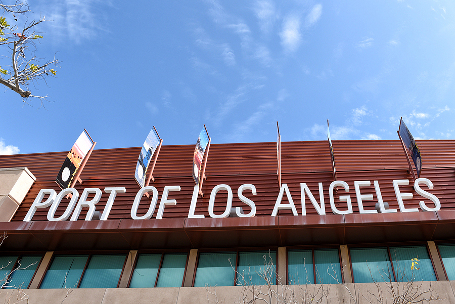 SAN PEDRO, CALIFORNIA - 06 MAR 2020: Port of Los Angeles sign on the Port Police headquarters building.